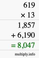 How to calculate 619 times 13 using long multiplication