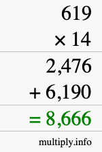 How to calculate 619 times 14 using long multiplication