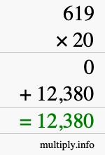 How to calculate 619 times 20 using long multiplication How to calculate 619 times 20 using long multiplication