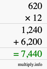 How to calculate 620 times 12 using long multiplication How to calculate 620 times 12 using long multiplication