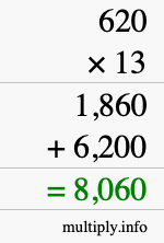 How to calculate 620 times 13 using long multiplication