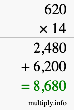 How to calculate 620 times 14 using long multiplication