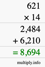 How to calculate 621 times 14 using long multiplication