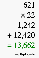 How to calculate 621 times 22 using long multiplication