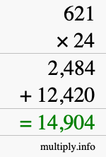 How to calculate 621 times 24 using long multiplication