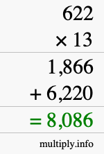How to calculate 622 times 13 using long multiplication
