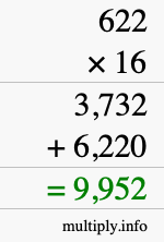 How to calculate 622 times 16 using long multiplication