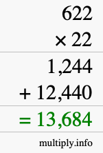 How to calculate 622 times 22 using long multiplication