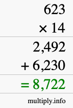How to calculate 623 times 14 using long multiplication