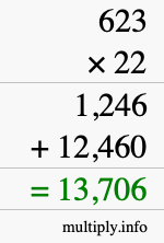 How to calculate 623 times 22 using long multiplication