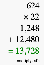 How to calculate 624 times 22 using long multiplication