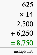 How to calculate 625 times 14 using long multiplication