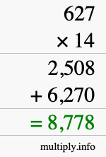 How to calculate 627 times 14 using long multiplication