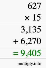 How to calculate 627 times 15 using long multiplication