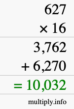 How to calculate 627 times 16 using long multiplication