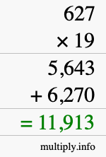How to calculate 627 times 19 using long multiplication