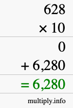 How to calculate 628 times 10 using long multiplication
