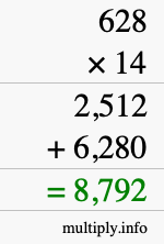 How to calculate 628 times 14 using long multiplication