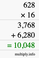 How to calculate 628 times 16 using long multiplication