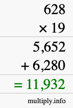 How to calculate 628 times 19 using long multiplication