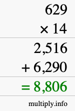How to calculate 629 times 14 using long multiplication