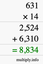 How to calculate 631 times 14 using long multiplication