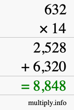 How to calculate 632 times 14 using long multiplication