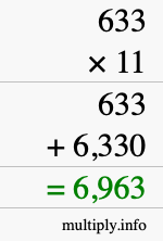 How to calculate 633 times 11 using long multiplication