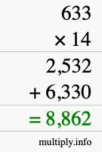 How to calculate 633 times 14 using long multiplication