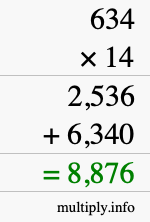 How to calculate 634 times 14 using long multiplication