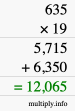 How to calculate 635 times 19 using long multiplication