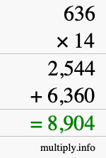 How to calculate 636 times 14 using long multiplication