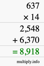 How to calculate 637 times 14 using long multiplication