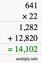 How to calculate 641 times 22 using long multiplication