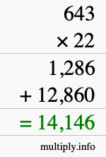 How to calculate 643 times 22 using long multiplication
