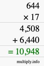 How to calculate 644 times 17 using long multiplication