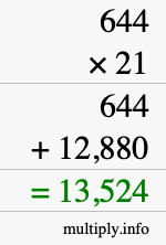 How to calculate 644 times 21 using long multiplication