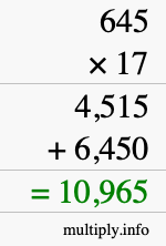 How to calculate 645 times 17 using long multiplication