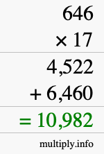 How to calculate 646 times 17 using long multiplication