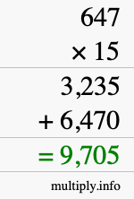 How to calculate 647 times 15 using long multiplication