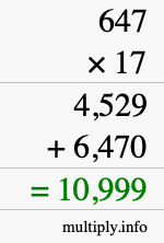 How to calculate 647 times 17 using long multiplication