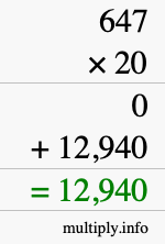 How to calculate 647 times 20 using long multiplication