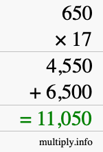How to calculate 650 times 17 using long multiplication