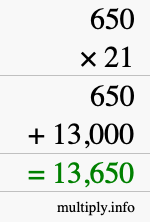 How to calculate 650 times 21 using long multiplication How to calculate 650 times 21 using long multiplication
