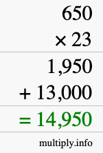 How to calculate 650 times 23 using long multiplication How to calculate 650 times 23 using long multiplication