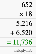 How to calculate 652 times 18 using long multiplication