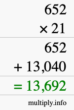 How to calculate 652 times 21 using long multiplication How to calculate 652 times 21 using long multiplication