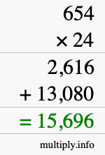 How to calculate 654 times 24 using long multiplication