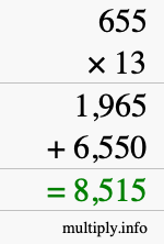 How to calculate 655 times 13 using long multiplication How to calculate 655 times 13 using long multiplication