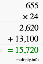 How to calculate 655 times 24 using long multiplication How to calculate 655 times 24 using long multiplication
